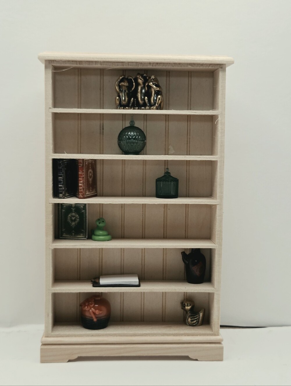 Miniature Unfinished Wood Bookcase with Accessories plus MYSTERY BAG